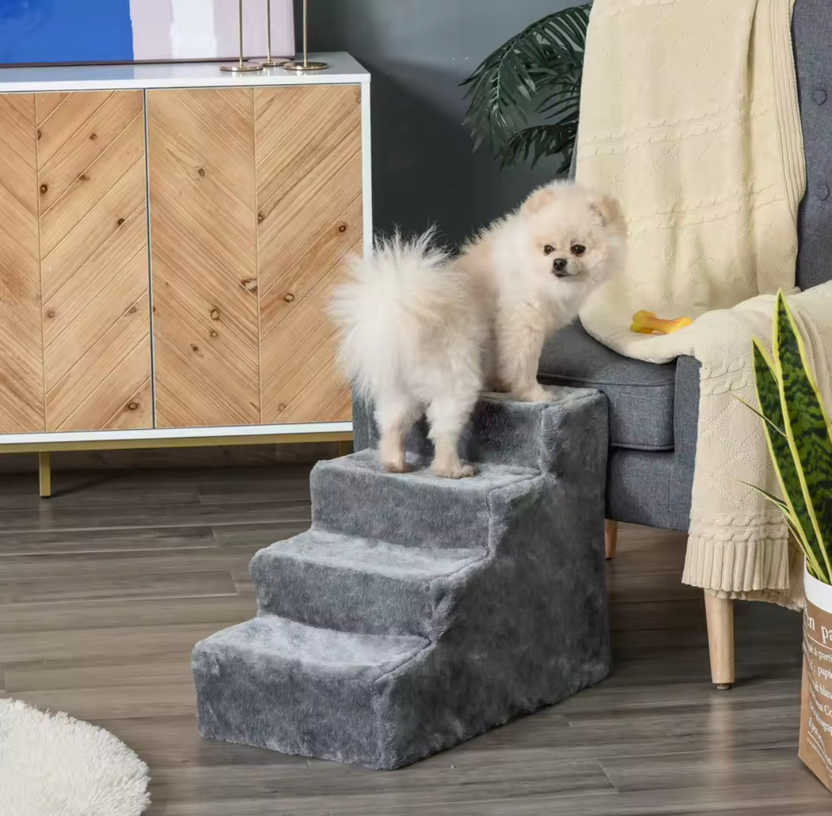 Escaleras portátiles para perros PawHut con funda de felpa lavable, para camas altas y sofás - Gris claro