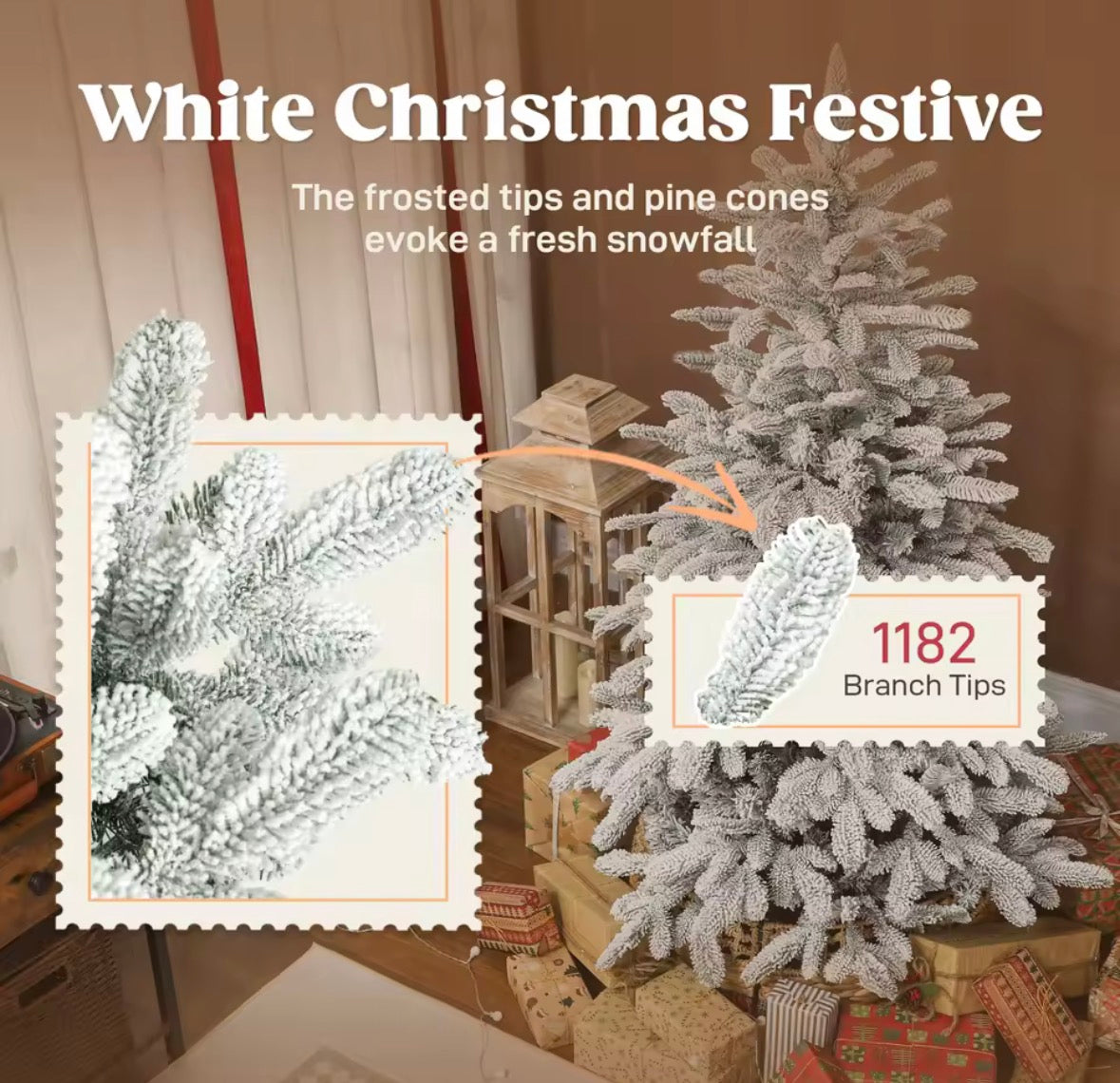 HOMCOM 6ft Flocked Artificial Christmas Tree – 1182 Hinged Branch Tips with Snowy Finish