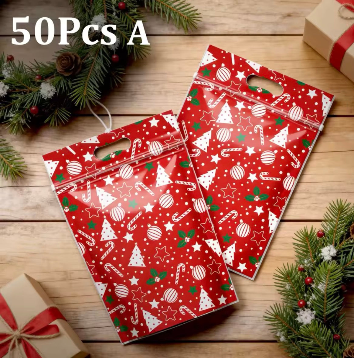 50-Pack Christmas Resealable Gift Bags with Handles – Clear Festive Treat & Sweet Bags
