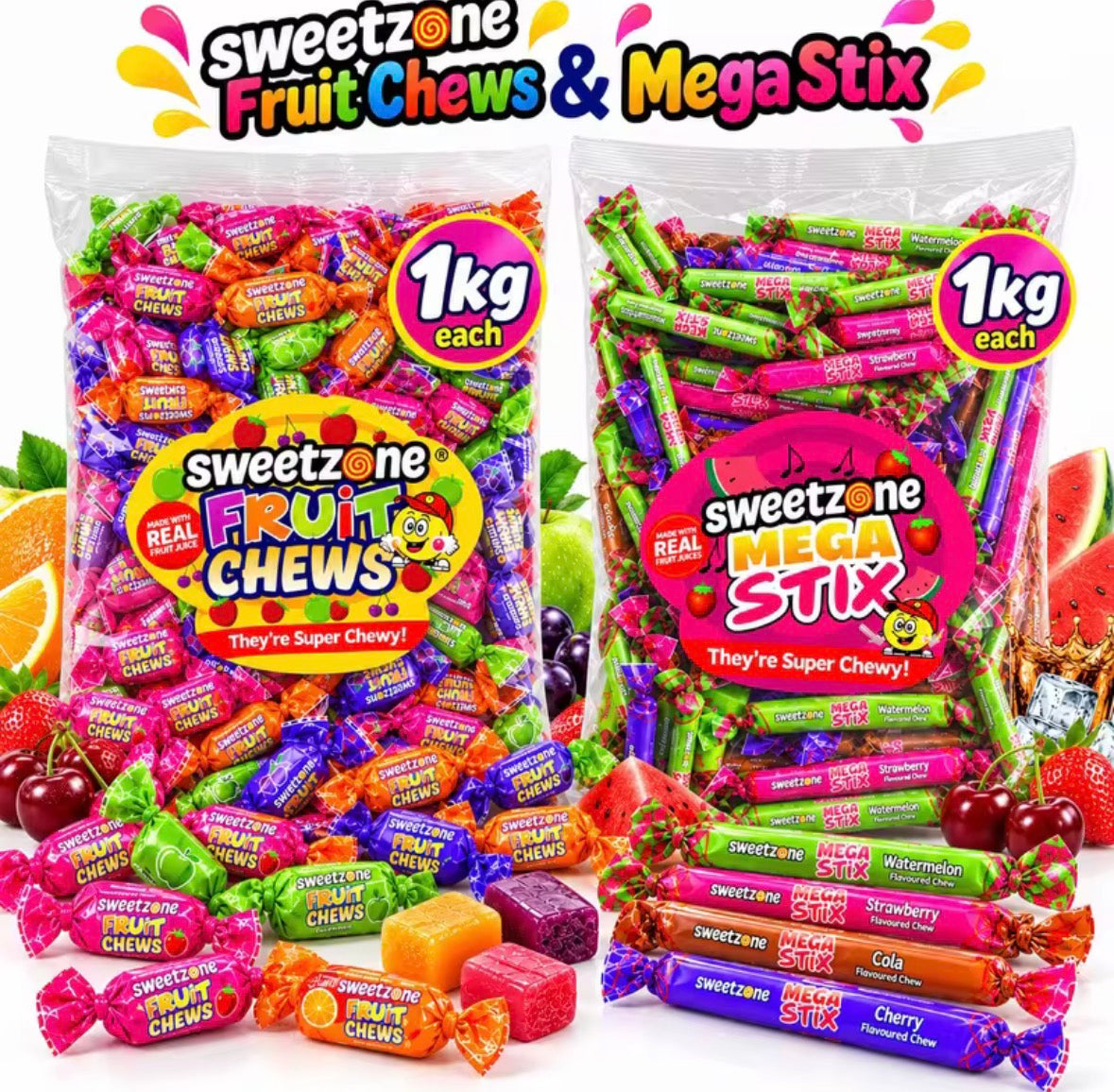 Sweetzone Fruit Chews & Mega Stix Bundle 2kg – 1kg Each Assorted Fruity Chewy Sweets
