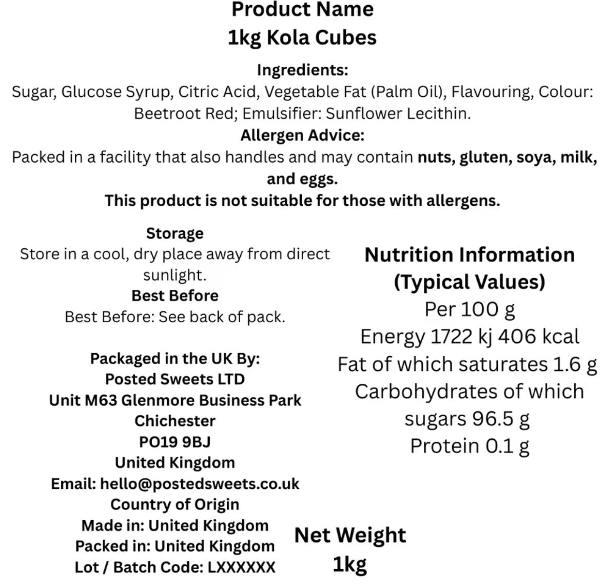 1KG Kola Cubes Retro Sweets – Posted Sweets Traditional Cola Flavour Hard Boiled Sweets – Bulk Sweet Bag