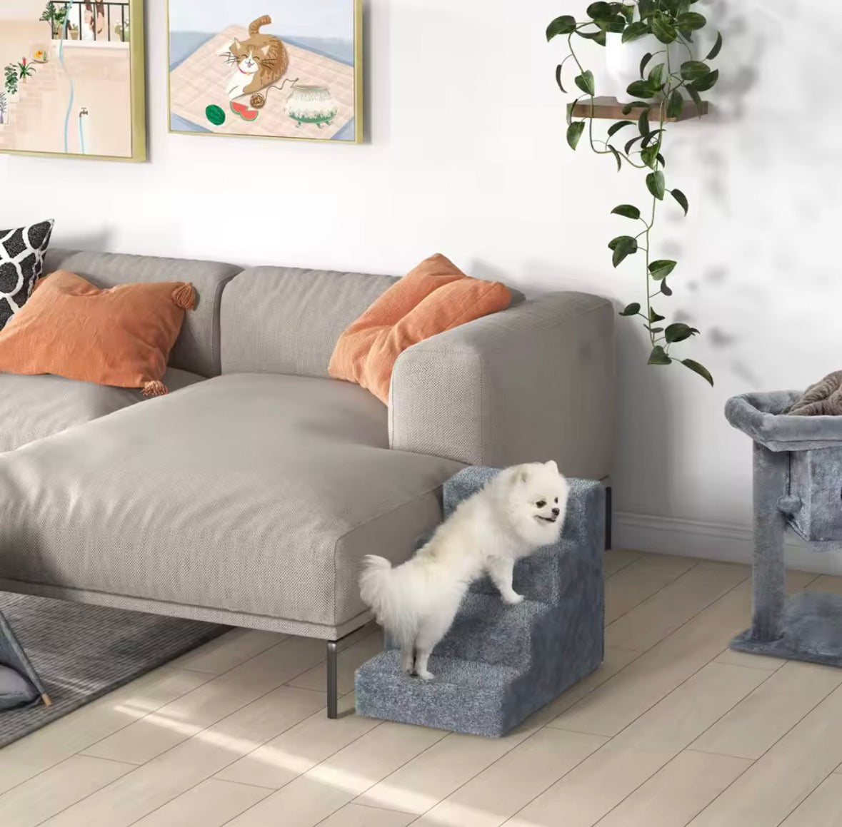 Escaleras portátiles para perros PawHut con funda de felpa lavable, para camas altas y sofás - Gris claro