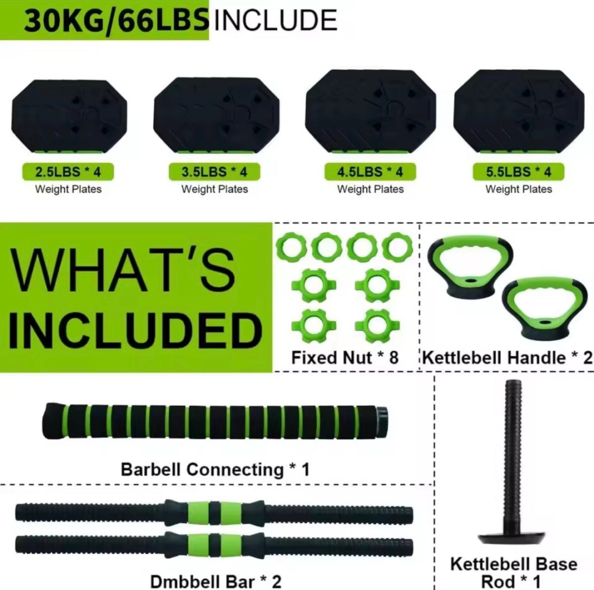 Set d'haltères réglables 4-en-1 de 30 kg, barre et kettlebell convertibles avec supports pour pompes pour salle de sport à domicile