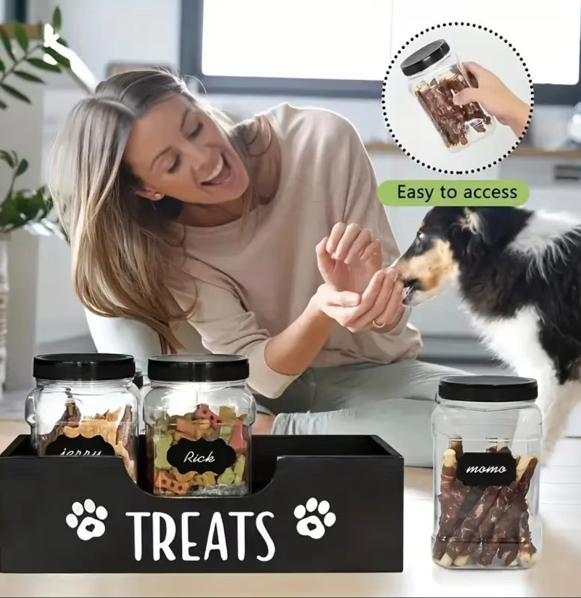 Lot de 3 récipients de stockage pour nourriture pour animaux, bocaux à friandises pour chat et chien avec support en bois, organisateur de stockage de snacks pour biscuits pour chien et friandises pour chat, NOUVEAU