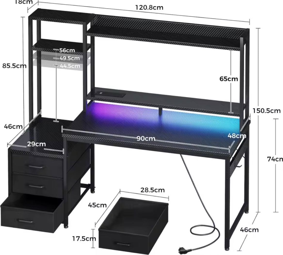 🎮 Coleshome Gaming Desk with LED Lights & Storage – Carbon Fibre Black