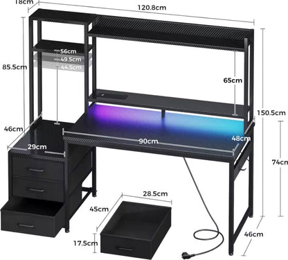 🎮 Coleshome Gaming Desk with LED Lights & Storage – Carbon Fibre Black