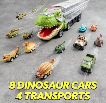 JOYFY 13-in-1 Dinosaur Transporter Toy with 12 Pull-Back Cars – Kids' Dinosaur Truck Playset