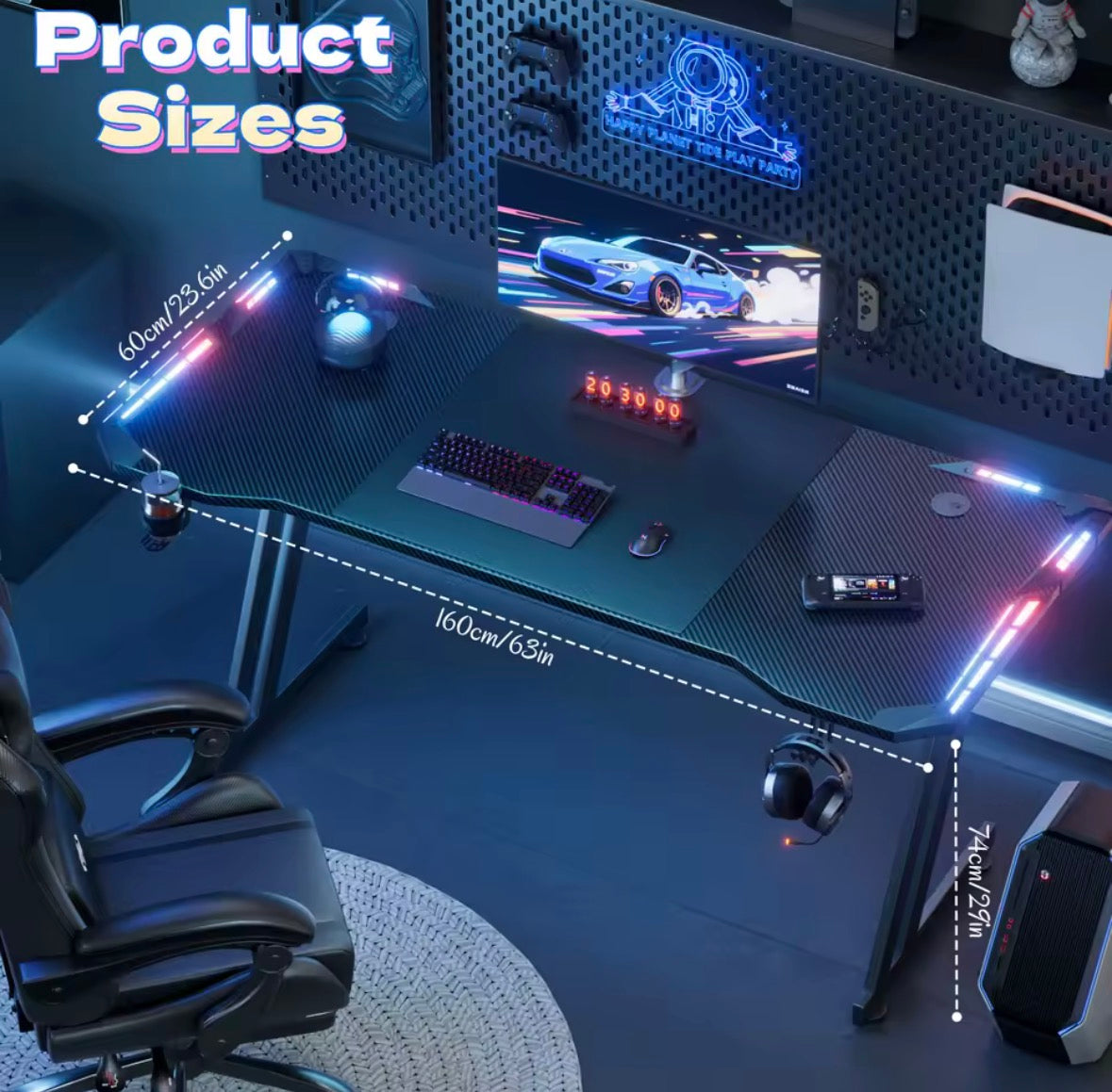 🎮 160cm Gaming Desk with LED Lights – Z-Shaped Gaming Table