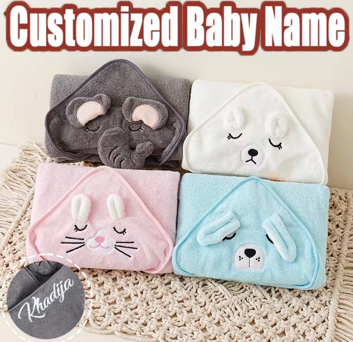 Personalised Hooded Baby Bath Towel – Cute Cartoon Animal Design 🐻🛁