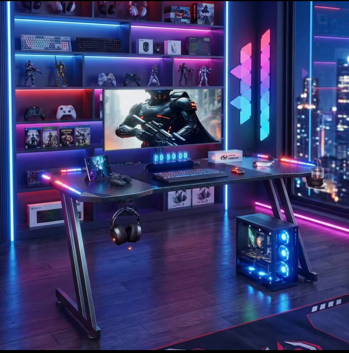 🎮 160cm Gaming Desk with LED Lights – Z-Shaped Gaming Table