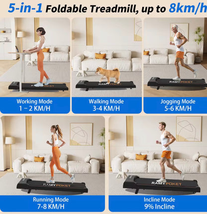 RAMYPOKET Walking-Laufband für unter den Schreibtisch mit App-Steuerung, 9 % Steigung, 1–8 km/h, 2,5 PS, 120 kg Belastbarkeit, kleines Laufband für zu Hause