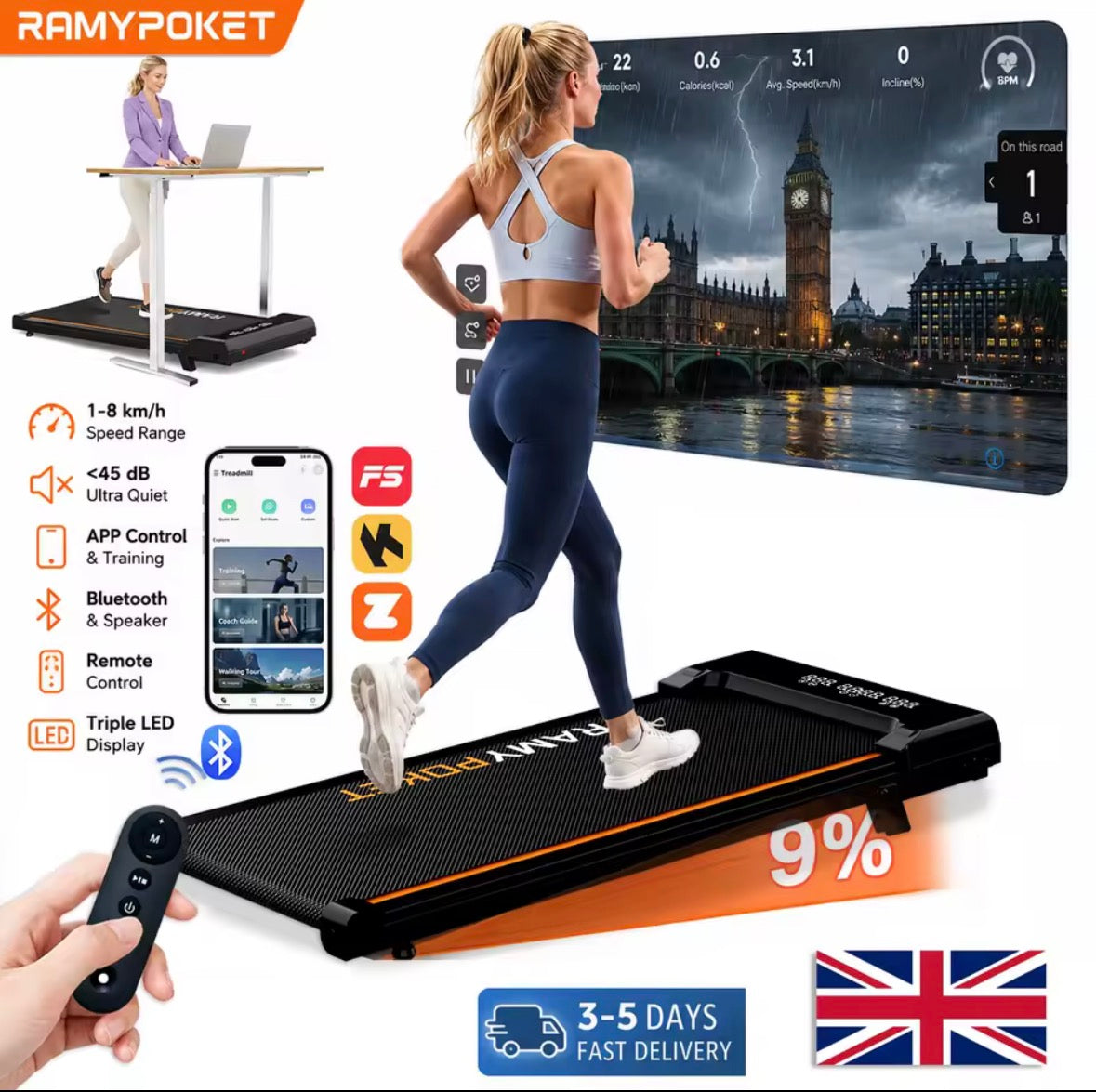 RAMYPOKET Walking-Laufband für unter den Schreibtisch mit App-Steuerung, 9 % Steigung, 1–8 km/h, 2,5 PS, 120 kg Belastbarkeit, kleines Laufband für zu Hause