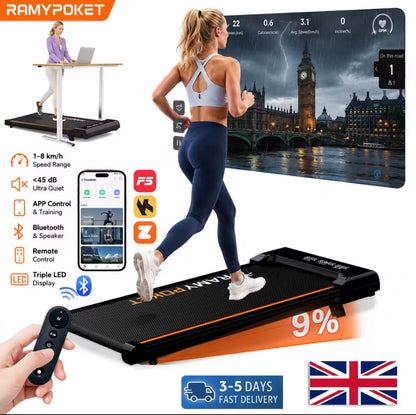 RAMYPOKET Walking-Laufband für unter den Schreibtisch mit App-Steuerung, 9 % Steigung, 1–8 km/h, 2,5 PS, 120 kg Belastbarkeit, kleines Laufband für zu Hause