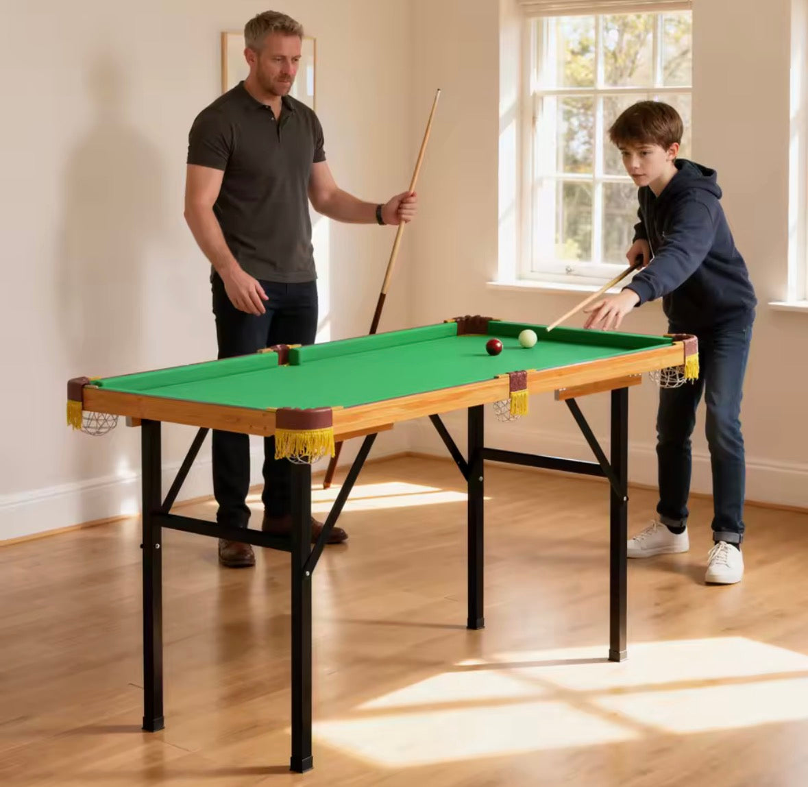 Tavolo da biliardo pieghevole SPORTNOW da 122 cm, set da gioco mini biliardo con 2 stecche, 16 palle, gesso, triangolo