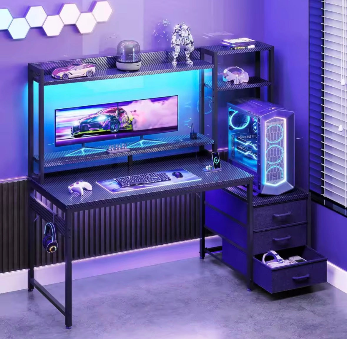 🎮 Coleshome Gaming Desk with LED Lights & Storage – Carbon Fibre Black