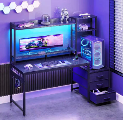 🎮 Coleshome Gaming Desk with LED Lights & Storage – Carbon Fibre Black