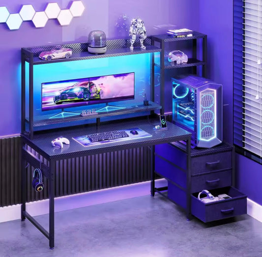 🎮 Coleshome Gaming Desk with LED Lights & Storage – Carbon Fibre Black