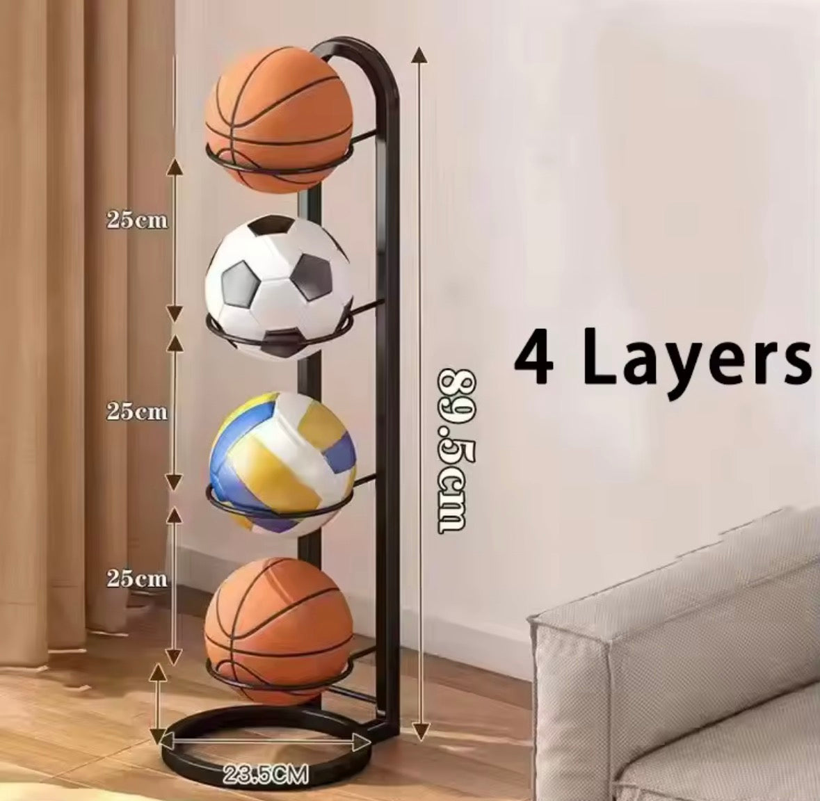 Multi-Tier Sports Ball Storage Rack – Metal Basketball, Football & Volleyball Organiser