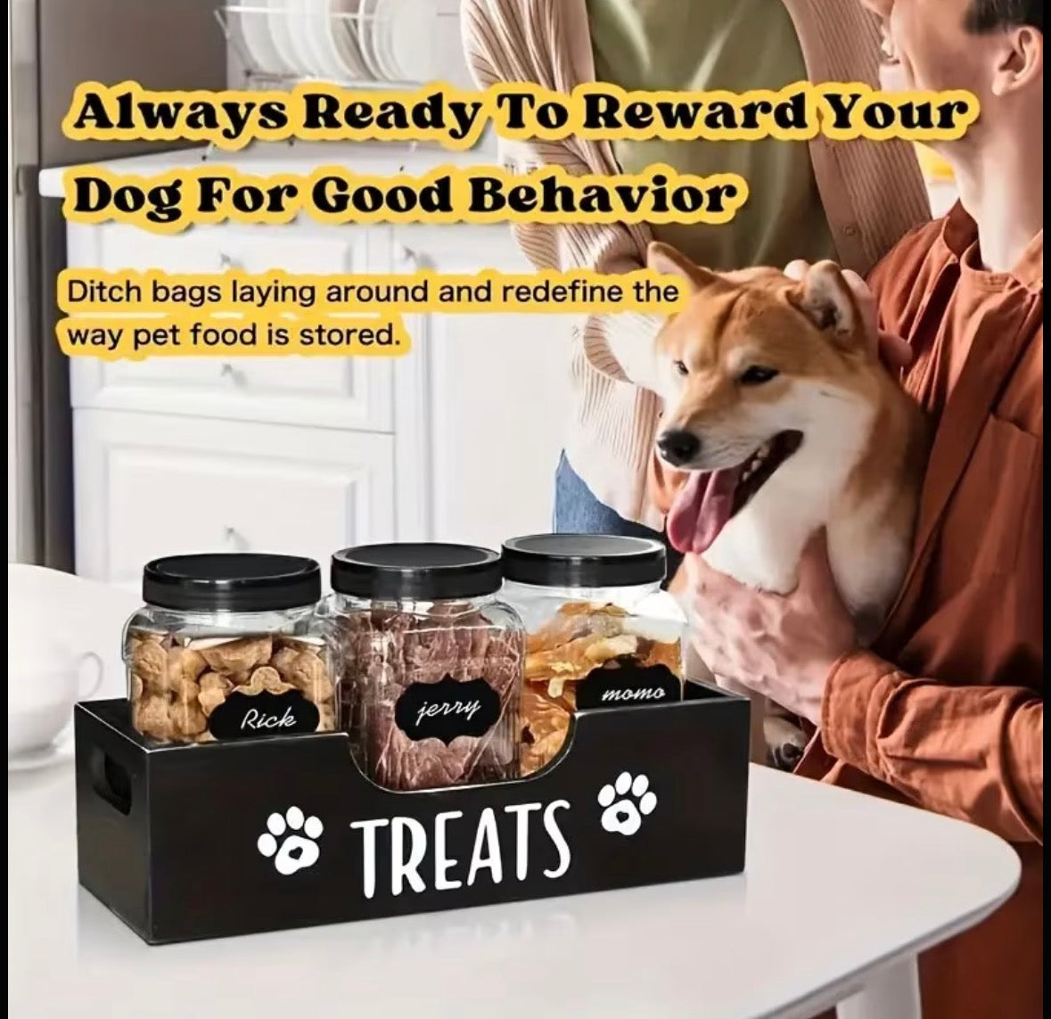 Lot de 3 récipients de stockage pour nourriture pour animaux, bocaux à friandises pour chat et chien avec support en bois, organisateur de stockage de snacks pour biscuits pour chien et friandises pour chat, NOUVEAU