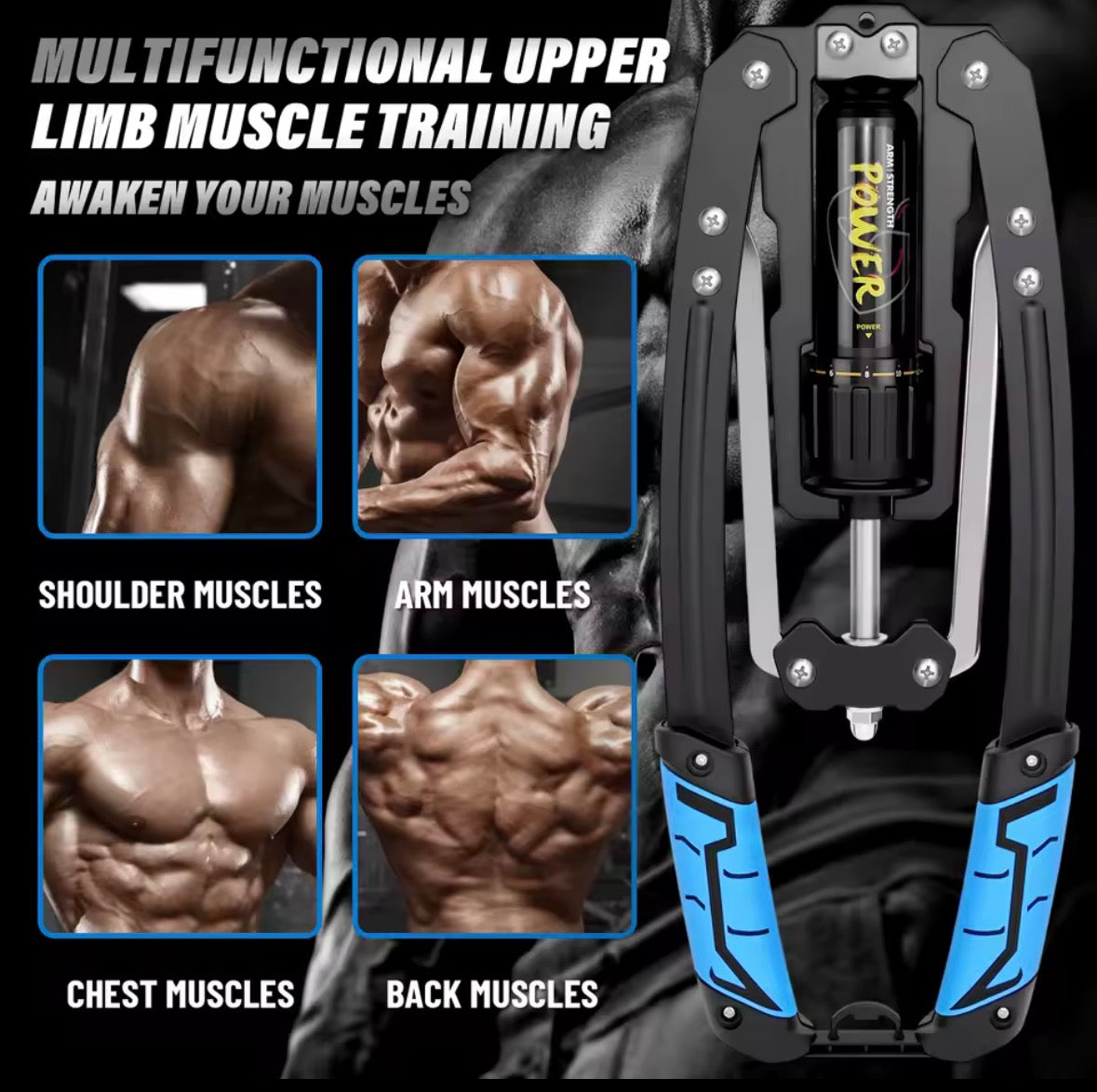 Power Twister, résistance hydraulique réglable 10-200 kg, appareil d'exercice pour les bras, équipement de fitness pour le renforcement musculaire des épaules, matériel de musculation pour bras, pectoraux, biceps, épaules, bleu et noir