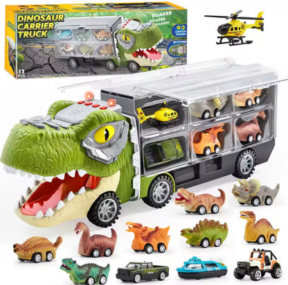 JOYFY 13-in-1 Dinosaur Transporter Toy with 12 Pull-Back Cars – Kids' Dinosaur Truck Playset