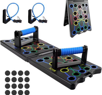 Tabla de flexiones multifuncional, equipo de entrenamiento de fuerza portátil 24 en 1, tabla de ejercicios para el hogar con bandas de resistencia, mangos y adhesivos antideslizantes, para ejercitar hombros, pecho, espalda y tríceps