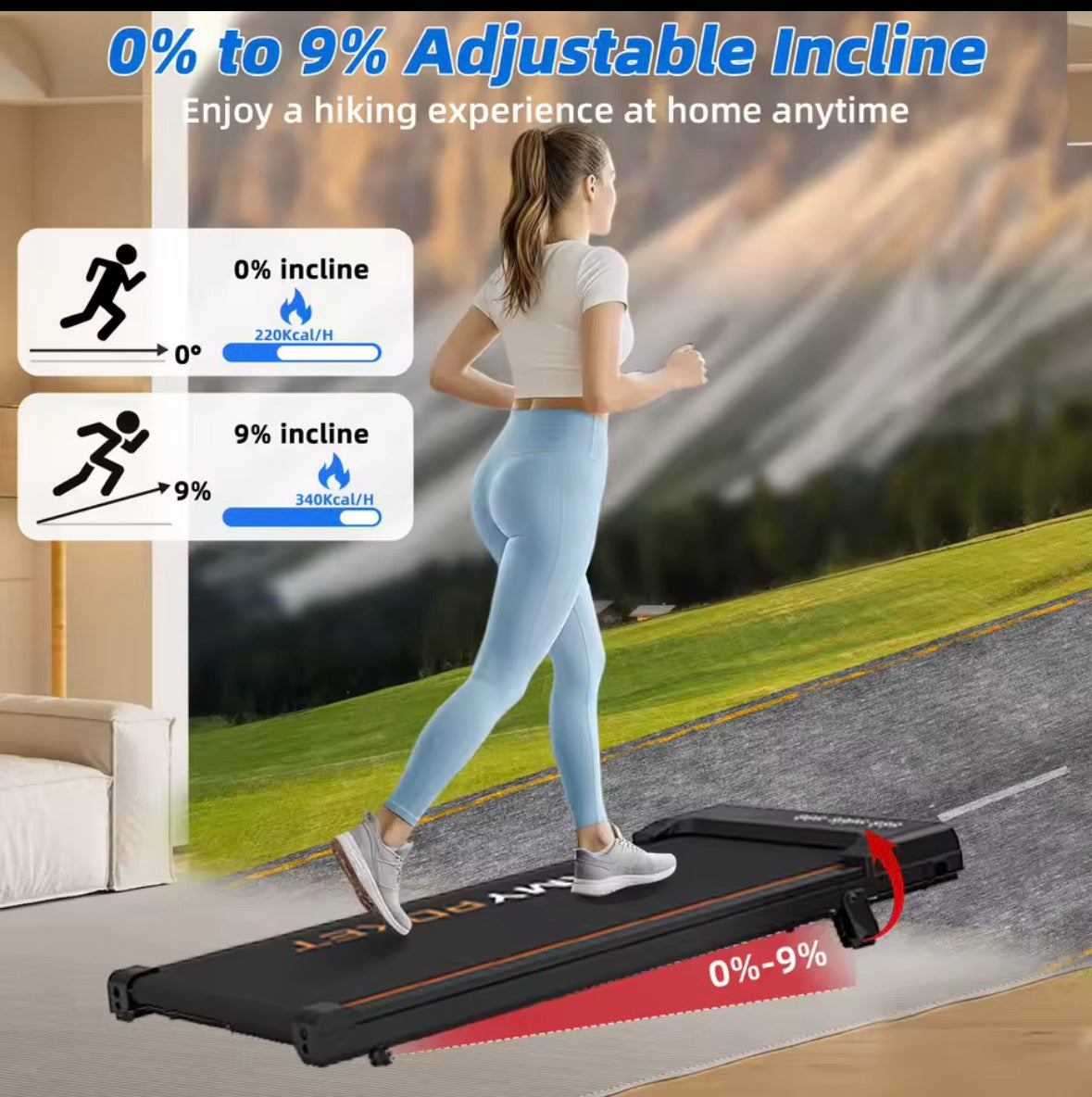 RAMYPOKET Walking-Laufband für unter den Schreibtisch mit App-Steuerung, 9 % Steigung, 1–8 km/h, 2,5 PS, 120 kg Belastbarkeit, kleines Laufband für zu Hause