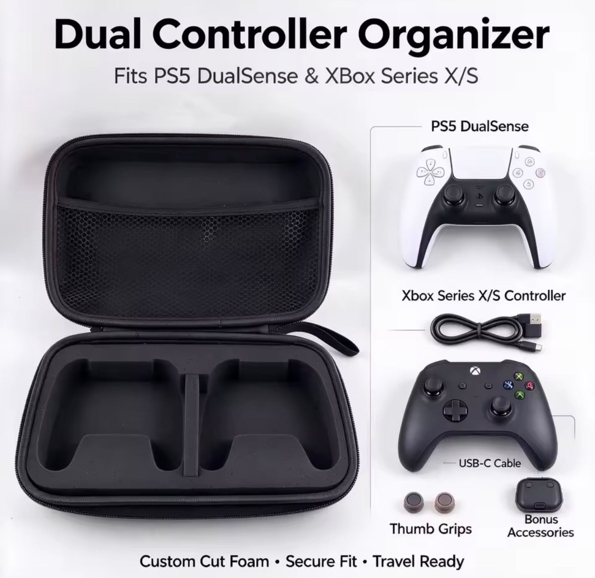 Portable Gaming Controller Travel Storage Case – Custom Cut Foam for PS5 & Xbox Controllers