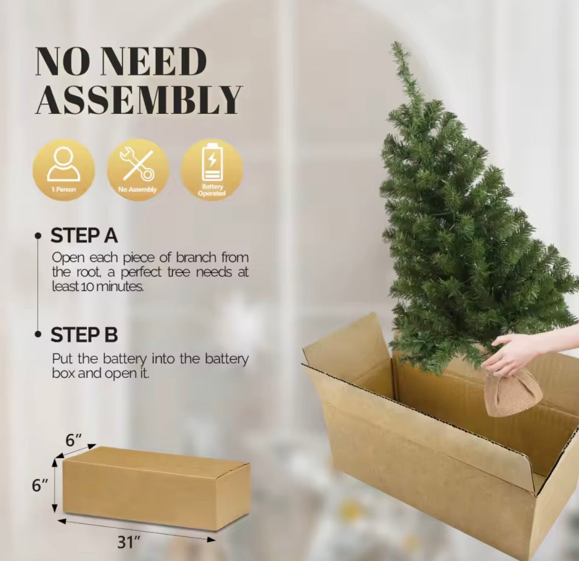 3.1ft Pre-Lit Christmas Tree with Warm White LED Lights & Star Topper