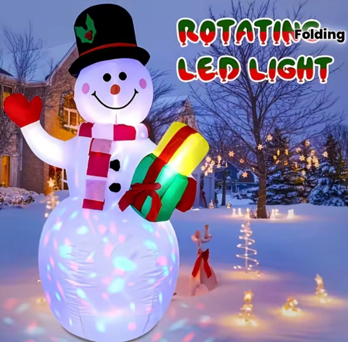 Inflatable Christmas Snowman Holding Gift Box – Outdoor Garden & Yard Decoration