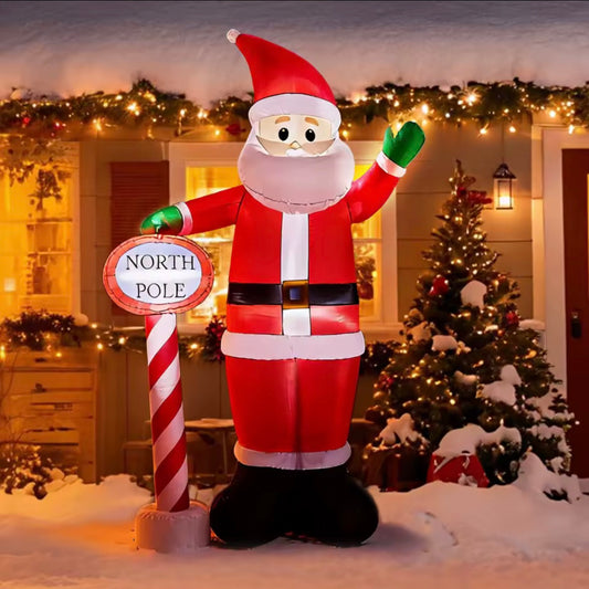 8ft Inflatable Christmas Santa with LED Lights & North Pole Sign – Outdoor Garden Decoration