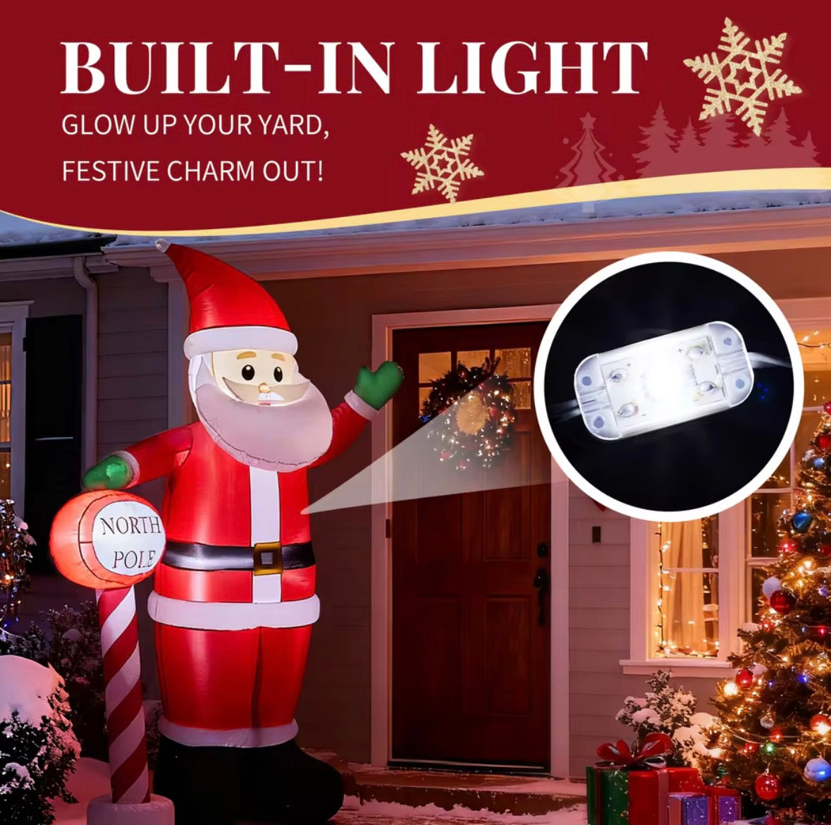8ft Inflatable Christmas Santa with LED Lights & North Pole Sign – Outdoor Garden Decoration