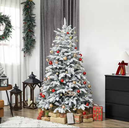 HOMCOM 6ft Flocked Artificial Christmas Tree – 1182 Hinged Branch Tips with Snowy Finish