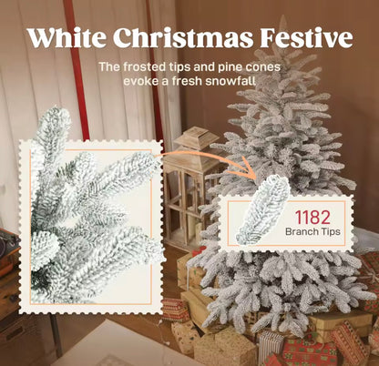 HOMCOM 6ft Flocked Artificial Christmas Tree – 1182 Hinged Branch Tips with Snowy Finish