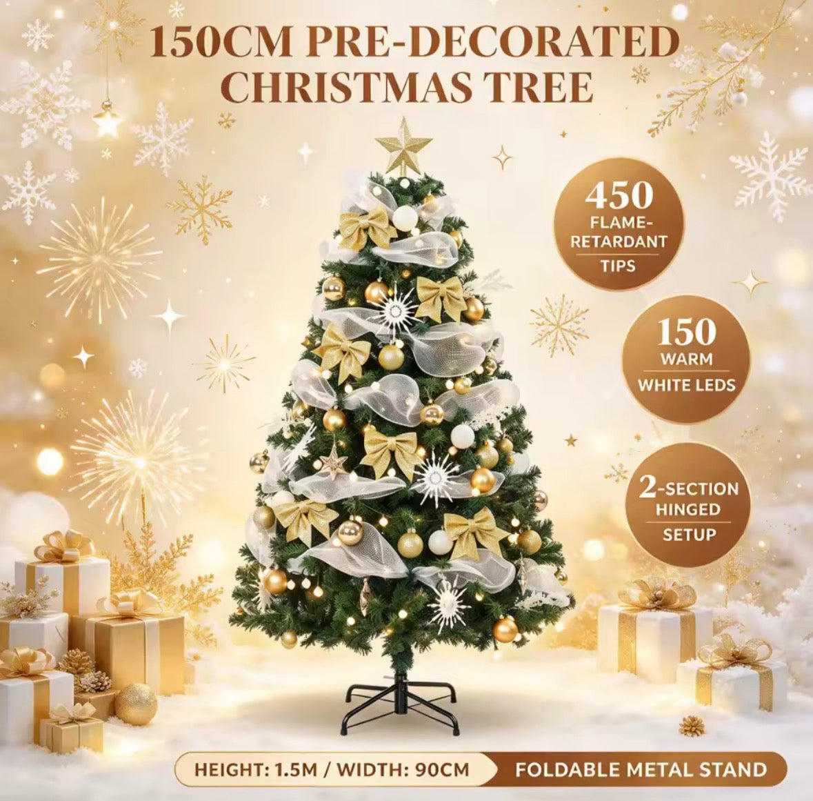 5ft Pre-Lit Christmas Tree with Gold Decorations – 150 Warm White LEDs, 8 Light Modes & Remote