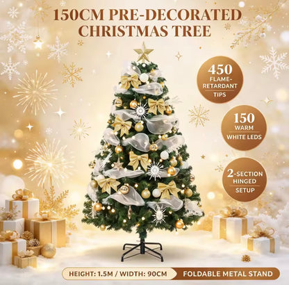 5ft Pre-Lit Christmas Tree with Gold Decorations – 150 Warm White LEDs, 8 Light Modes & Remote