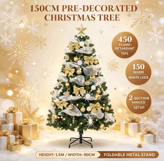 5ft Pre-Lit Christmas Tree with Gold Decorations – 150 Warm White LEDs, 8 Light Modes & Remote