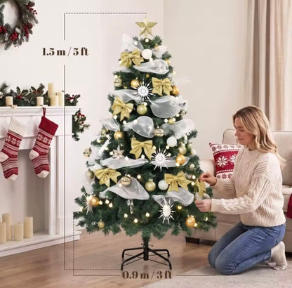 5ft Pre-Lit Christmas Tree with Gold Decorations – 150 Warm White LEDs, 8 Light Modes & Remote
