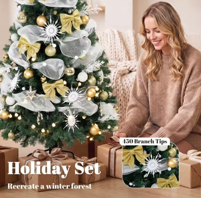 5ft Pre-Lit Christmas Tree with Gold Decorations – 150 Warm White LEDs, 8 Light Modes & Remote
