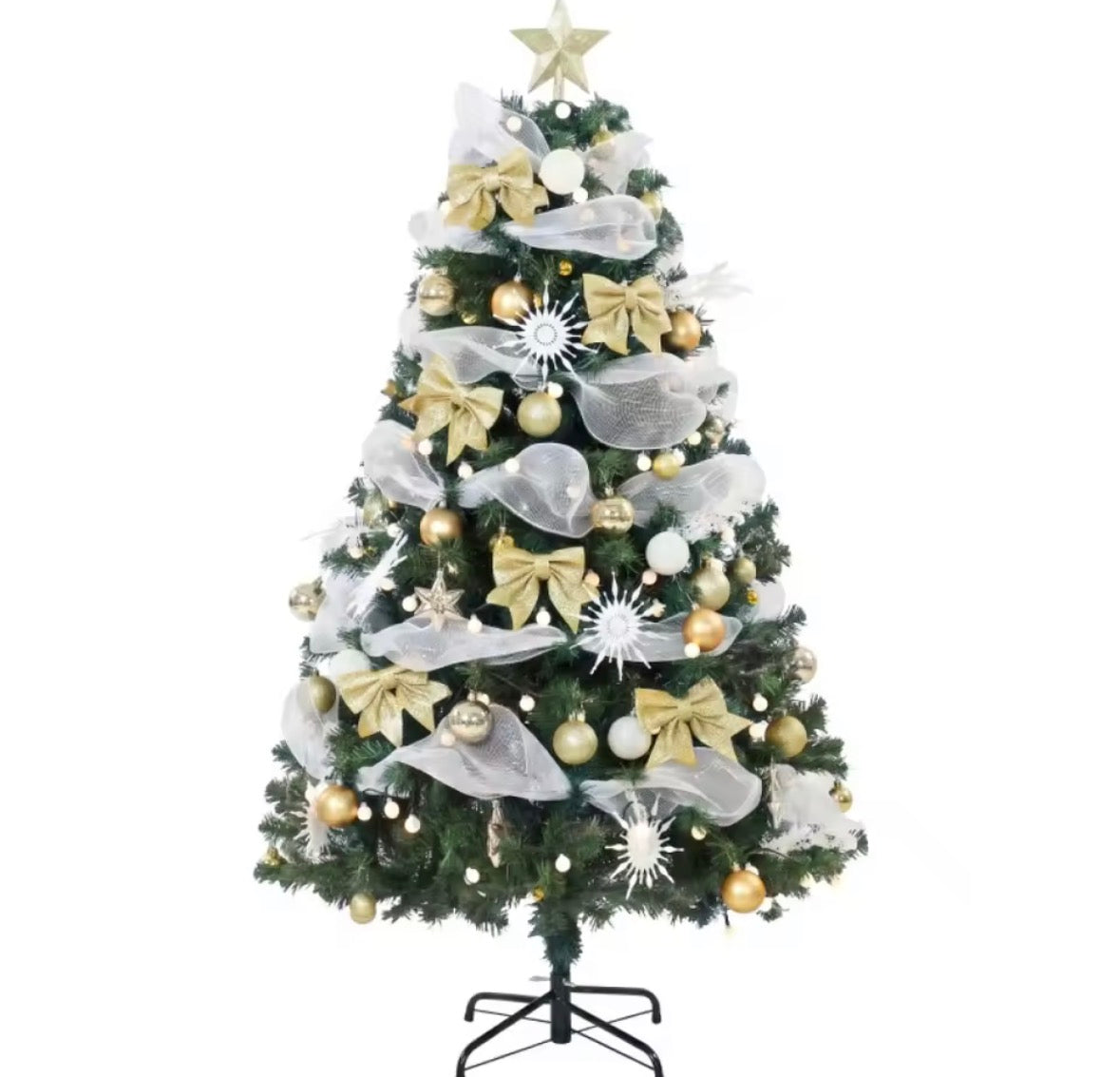 5ft Pre-Lit Christmas Tree with Gold Decorations – 150 Warm White LEDs, 8 Light Modes & Remote