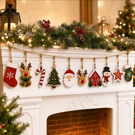 10-Piece Wooden Christmas Decoration Set – Rustic Hanging Tree Ornaments & Festive Home Décor