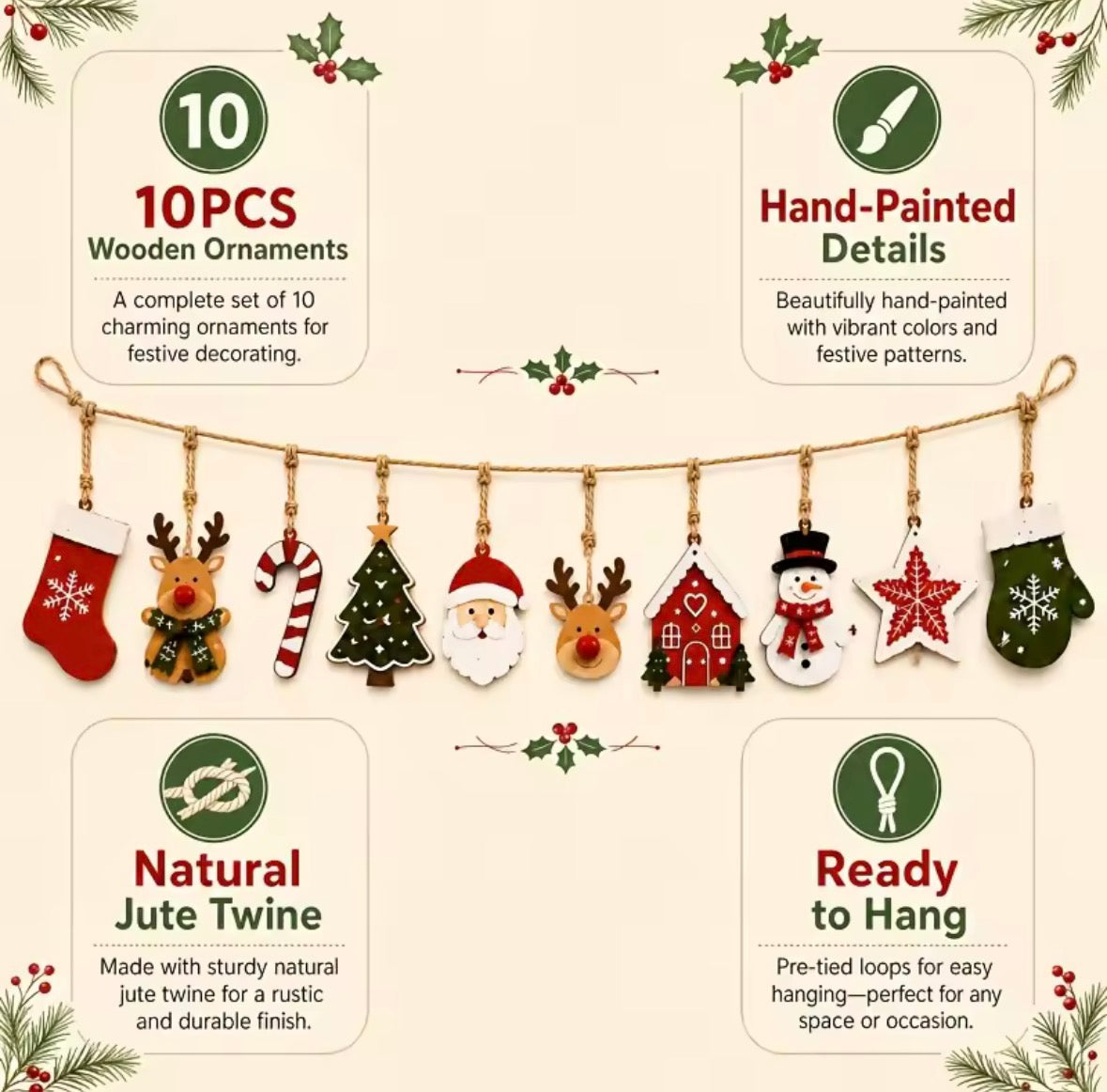 10-Piece Wooden Christmas Decoration Set – Rustic Hanging Tree Ornaments & Festive Home Décor