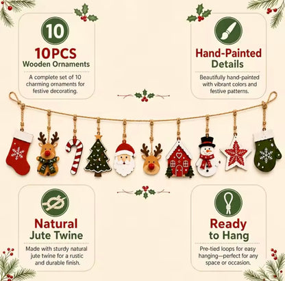 10-Piece Wooden Christmas Decoration Set – Rustic Hanging Tree Ornaments & Festive Home Décor