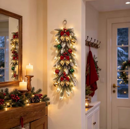 Snow-Flocked Christmas Door Swag with Warm White Lights – Artificial Pine Wall & Fireplace Decoration