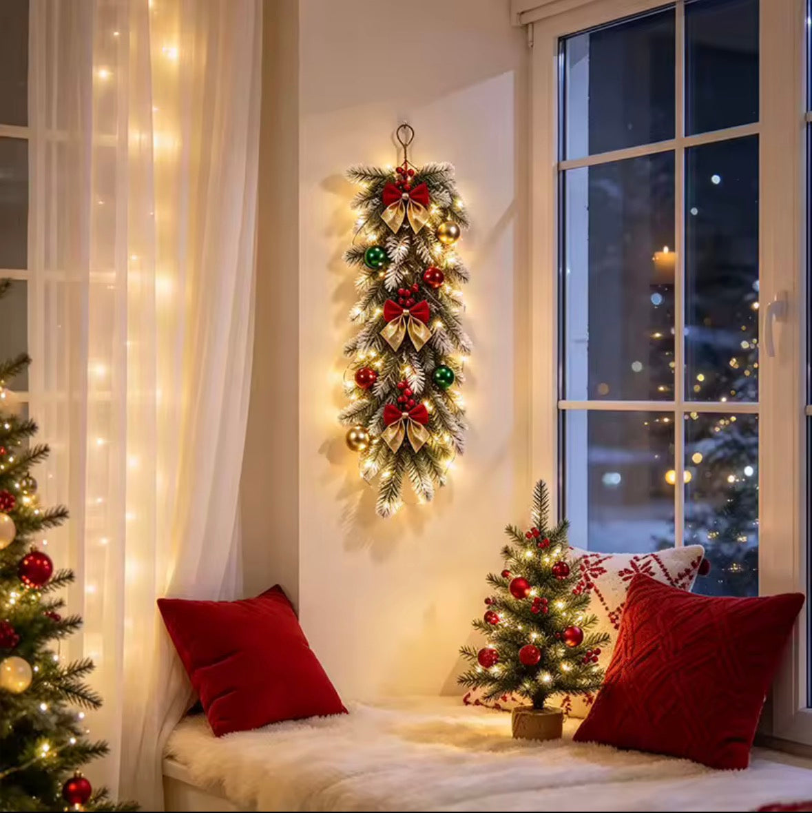 Snow-Flocked Christmas Door Swag with Warm White Lights – Artificial Pine Wall & Fireplace Decoration