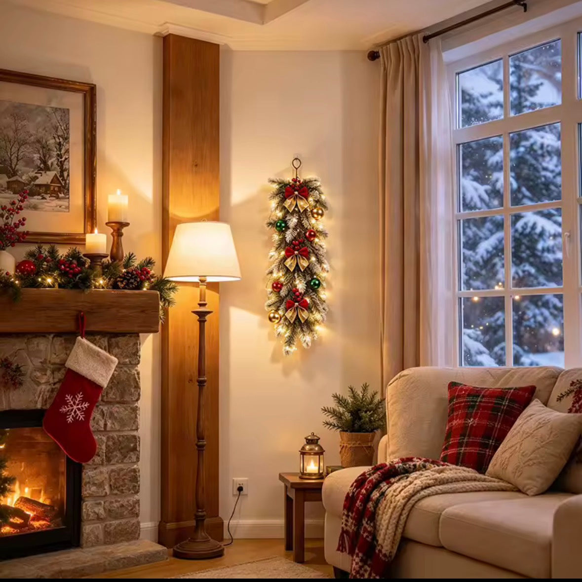 Snow-Flocked Christmas Door Swag with Warm White Lights – Artificial Pine Wall & Fireplace Decoration