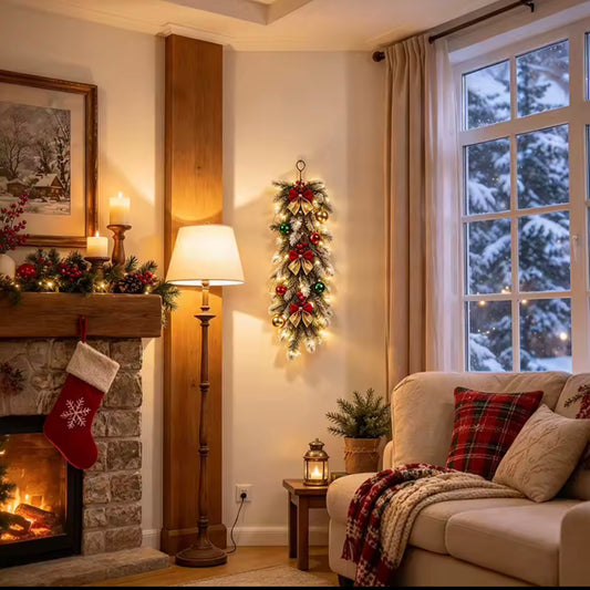 Snow-Flocked Christmas Door Swag with Warm White Lights – Artificial Pine Wall & Fireplace Decoration