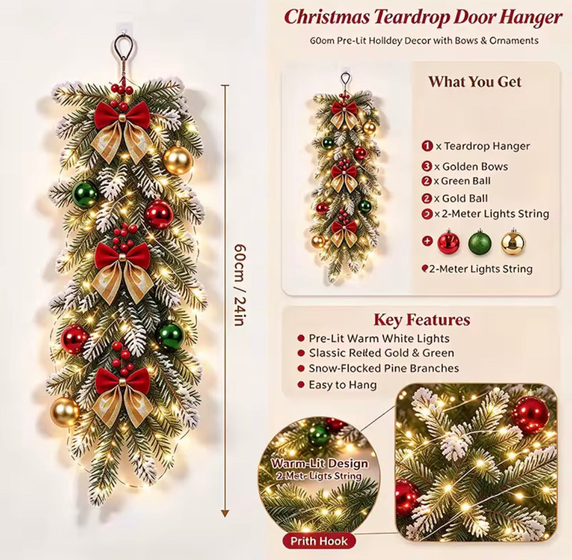 Snow-Flocked Christmas Door Swag with Warm White Lights – Artificial Pine Wall & Fireplace Decoration