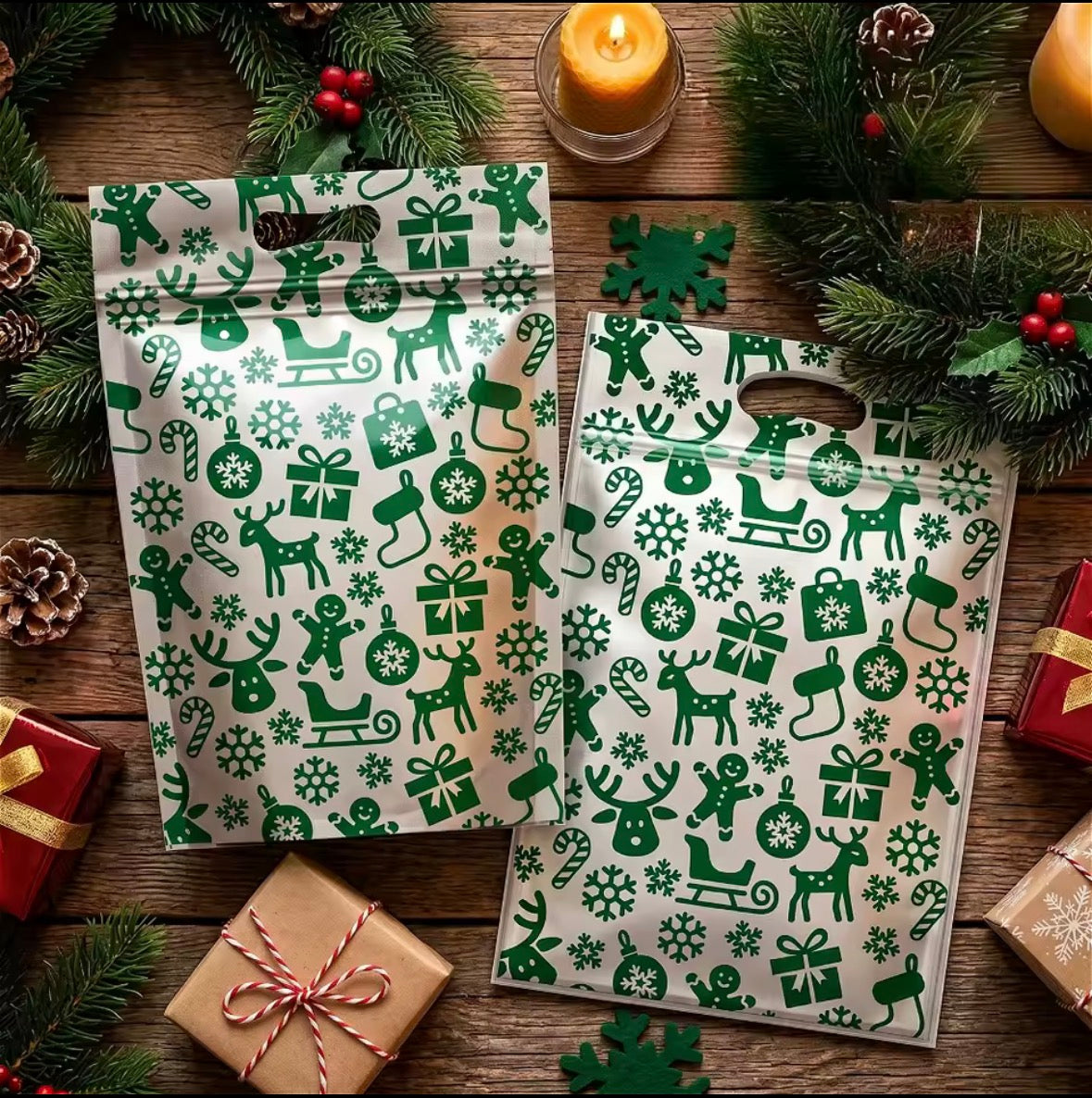 50-Pack Christmas Resealable Gift Bags with Handles – Clear Festive Treat & Sweet Bags
