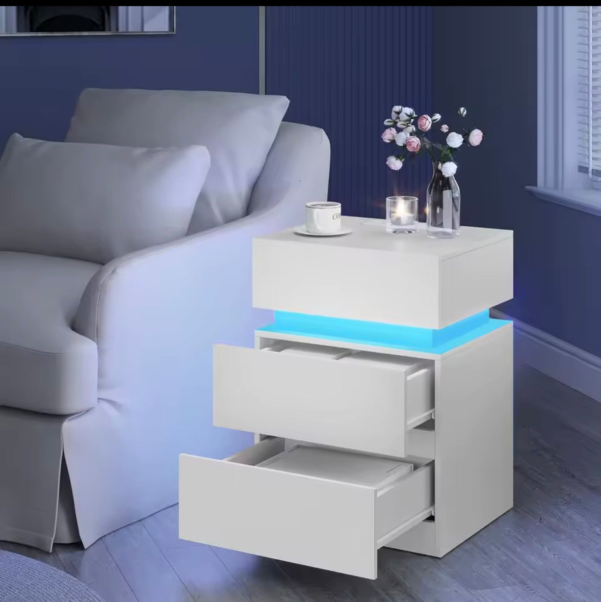 WOLTU LED Bedside Table with 2 Drawers, Built-In Charging Station & 2 Power Sockets
